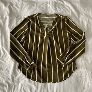Green And White Striped V-Neck Long Sleeve Top